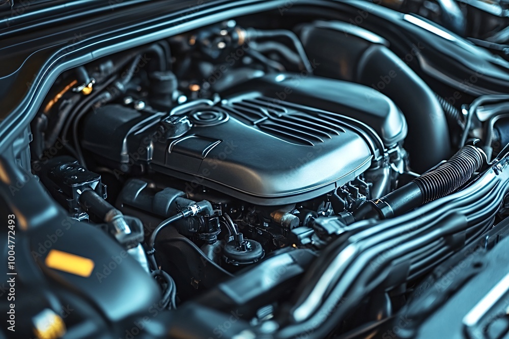 Poster gleaming modern car engine in a garage, showcasing cutting-edge technology and power. close-up view 