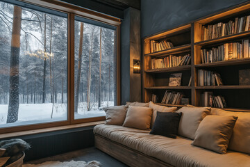 Fototapeta premium Cozy living room with large windows on a snowy winter day
