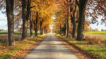 Naklejka premium Scenic countryside road lined with trees during autumn, colorful leaves, peaceful rural landscape.