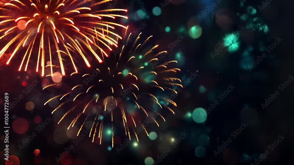 Poster golden fireworks explode against a dark sky, creating a dazzling display of light