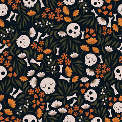 Hand drawn seamless halloween pattern with cute skulls in flat style. Botanical and spooky backdrop with leaves, flowers, berries and bones. Vector doodle print for textile or paper