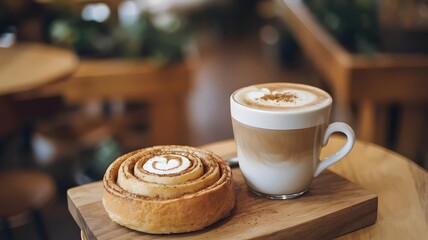 Latte with foam and cinnamon swirl pastry in a cozy café setting