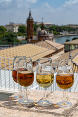 Sherry wine tasting on roof of old Triana district in Sevilla with view on Sevilla houses and churches, wine glasses