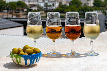 Sherry wine tasting on roof of old Triana district in Sevilla with view on Sevilla houses and churches, wine glasses and tapas