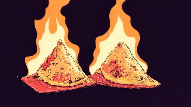 Two triangular pastries are on fire against a dark background