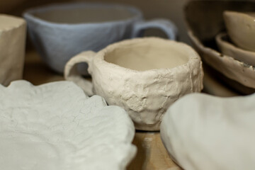 Samples of ceramic art objects and tabelware during workshop in art ceramic atelier in Poland