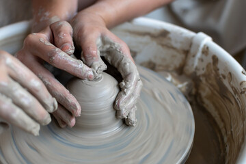 Making of mud pot on potters wheel during workshop in art ceramic atelier in Poland