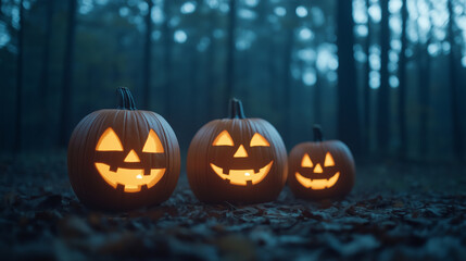 Three glowing jack-o'-lanterns sit on a forest floor, casting an eerie light in the dark woods..Lit jack-o'-lanterns in a spooky forest at dusk evoke the spirit of Halloween and mystery.