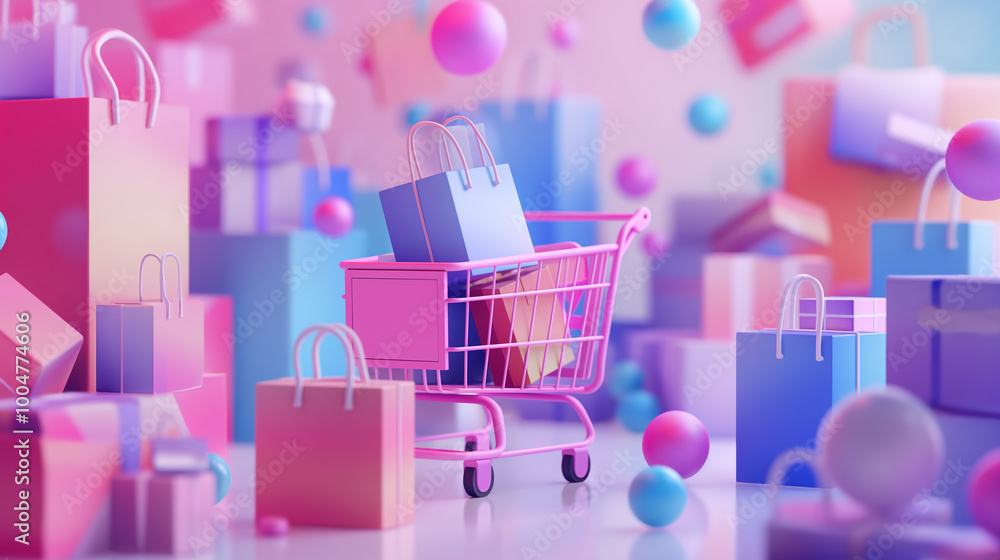 Aufkleber a colorful shopping cart filled with bags surrounded by abstract floating shapes in pastel tones..th