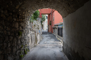 Colourful view on Italian Riviera and blue Mediterranean Sea from French-Italian border in Grimaldi village, Ventimiglia near San-Remo, travel destination, panoramic view