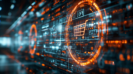 A futuristic digital interface displaying data with a focus on shopping and technology..High-tech digital data streams and shopping integration create a dynamic visual experience.
