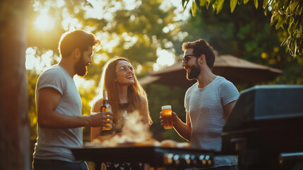 Three friends are enjoying a summer barbecue outdoors while holding drinks beer and chatting happily. 