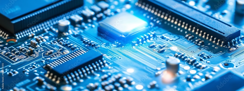 Poster close-up view of a computer circuit board showcasing intricate electronic components and vibrant con