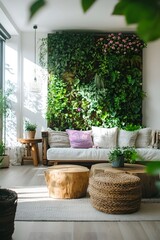Fototapeta premium Bright living room with vertical garden wall, vertical image