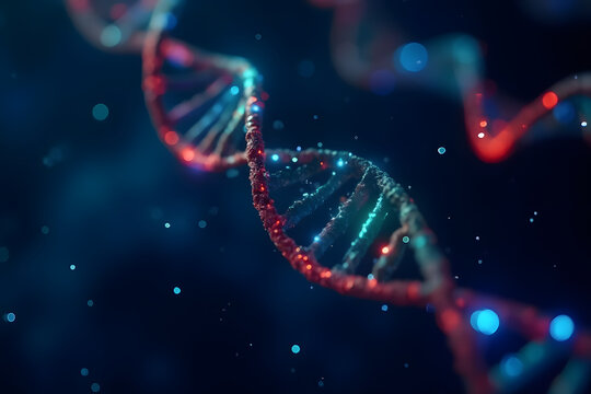 DNA helix with vibrant red and blue colors on a dark shimmering background, representing the genetic code and the basis of life