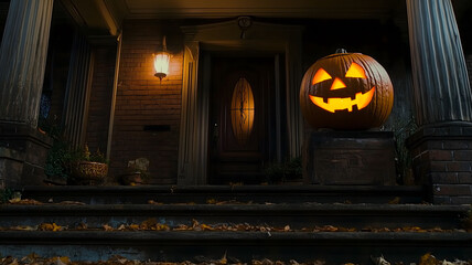 Obraz premium Carved Pumpkin on the Porch - Spooky pumpkin on the porch at night
