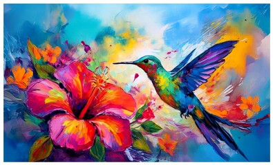 Obraz premium Bunter Kolibri auf dem Hibiskus Blume Acryl Abbildung