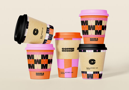 Stacked Coffe Cups with Cardboard Sleeves and Lids Mockup
