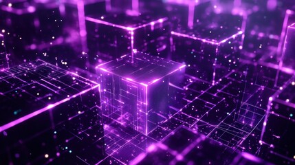 An abstract representation of blockchain technology with glowing purple squares and interconnected lines