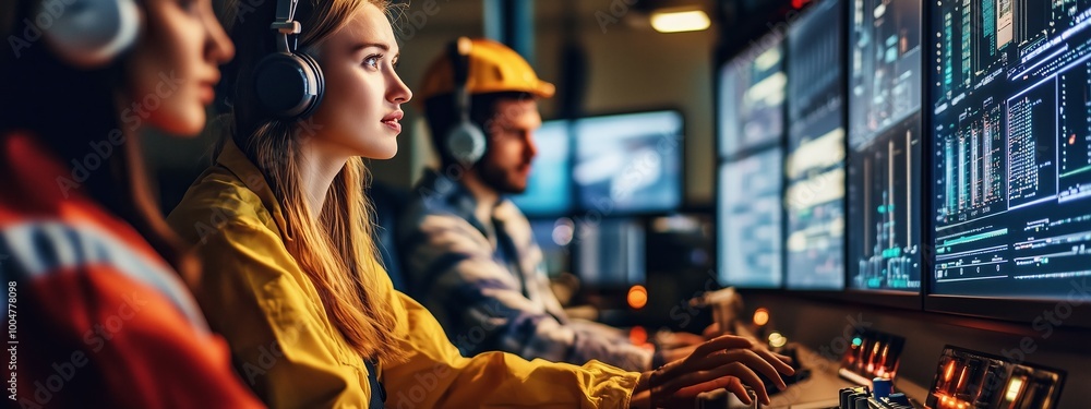 Aufkleber young professionals monitor data on computer screens in a control room during an evening shift in a 