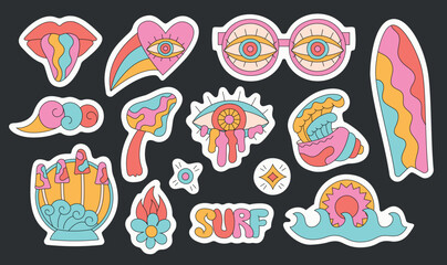 Summer groovy cartoon surf, wave, shell, glasses, eye. Trippy bright designs for t-shirt prints, posters, stickers