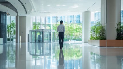 Fototapeta premium Security guard at entrance corporate building bright day clean layout