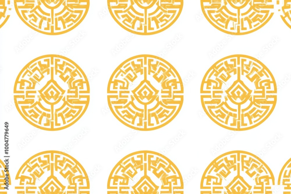 Poster white background with yellow chinese-style patterns, symmetrical composition generative ai
