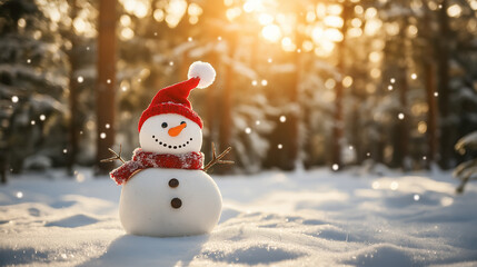Obraz premium Cheerful Snowman with Red Hat Celebrating Christmas in Snowy Winter Forest