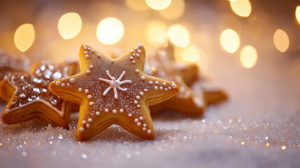 Festive Christmas star cookies delightfully decorated against twinkling lights background.

