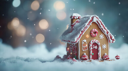 Festive Christmas gingerbread house with sweet holiday wishes against snowy bokeh background.


