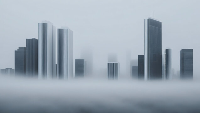 Paisaje Urbano con Niebla: Siluetas de Rascacielos y Arquitectura Moderna Minimalista