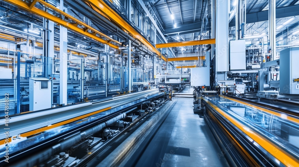 Poster advanced automated manufacturing line in a large facility showcasing robotic efficiency during dayti