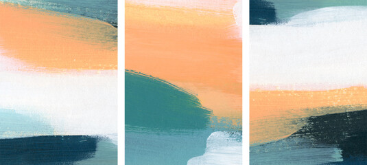 Three abstract paintings. Hand painted. Versatile artistic image for creative design projects: posters, cards, banners, websites, flyers, prints and wallpapers. Traditional artist-made art.