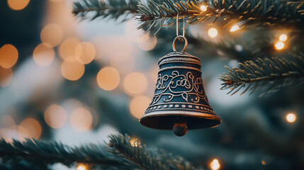 Festive Christmas bell ornament hanging joyfully on pine tree with twinkling lights background.

