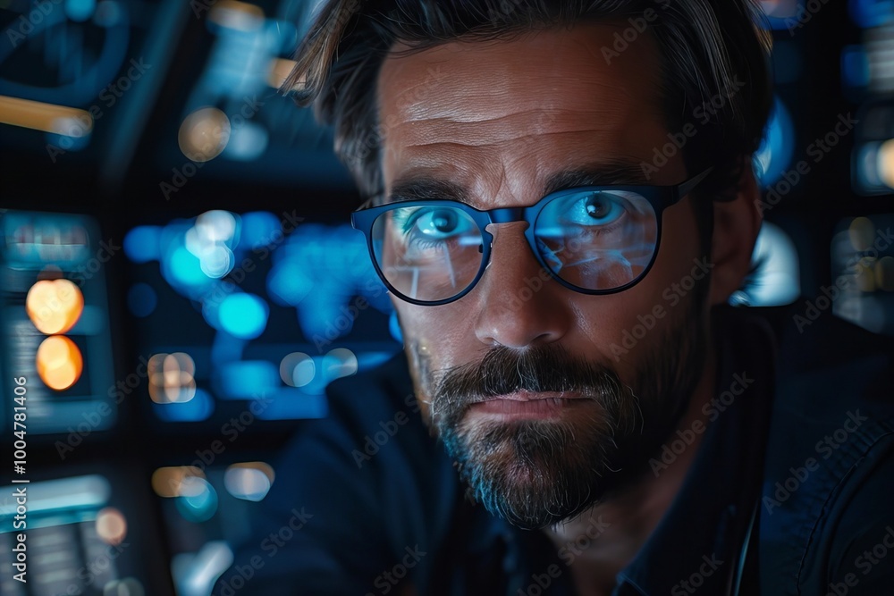 Poster stylish individuals in glasses and a refined beard utilizing ai technology to oversee medical coding