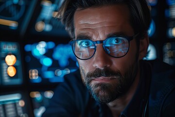 Stylish individuals in glasses and a refined beard utilizing AI technology to oversee medical coding bills and billing codes on holographic screens
