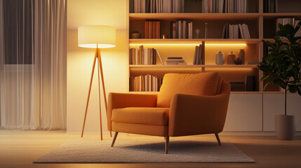 Cozy orange armchair beside a standing lamp in a warm living room with shelves filled with books at night