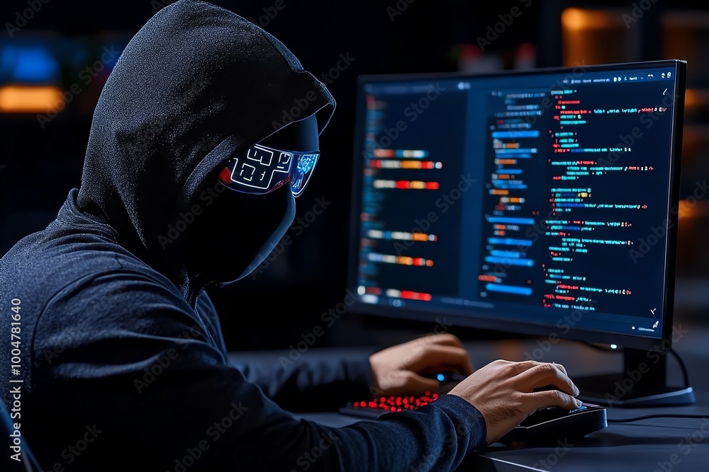 Aufkleber A masked figure using a computer, sending encrypted messages, representing the concept of anonymous communication for digital privacy