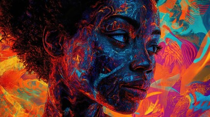 A vibrant artistic portrait of a woman with intricate body art against a colorful abstract background, showcasing beauty and creativity.