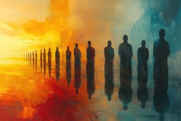 Obraz premium collage of human figures practicing mindfulness and spiritual exercises vibrant hues reflecting inner peace a blend of human silhouettes and ethereal elements symbolize soul healing