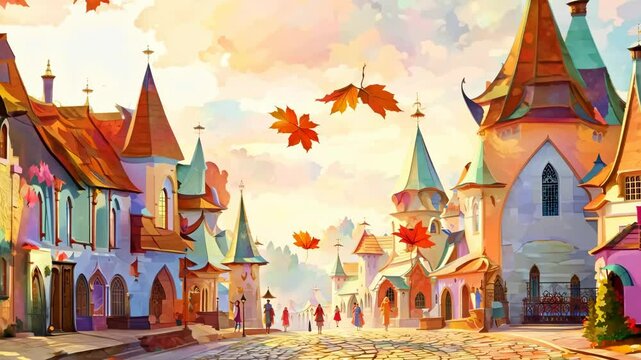 Fantasy autumn town falling leaves fall clear air medieval art style morning fog sunrise castle tower Europe city street cobblestone halloween october old beautiful houses vacation homeland valley