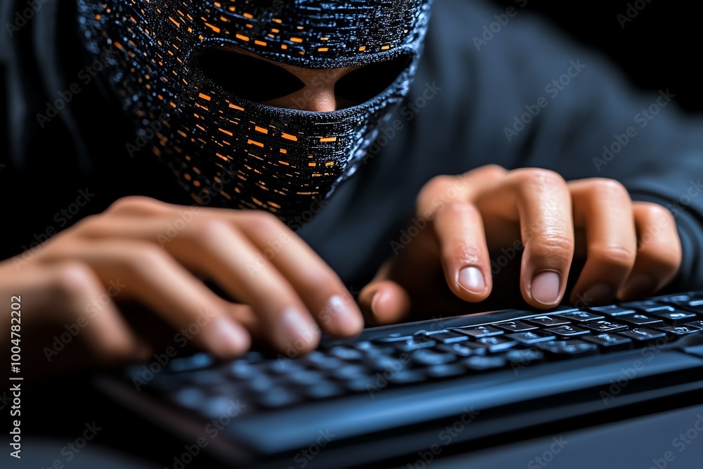 Poster A masked person typing on a keyboard, symbolizing the concept of anonymous communication and secure digital privacy