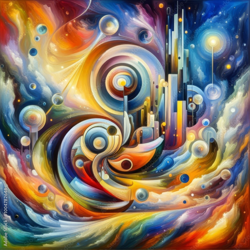 Poster a vibrant abstract painting filled with swirling patterns and geometric shapes. the bold use of colo