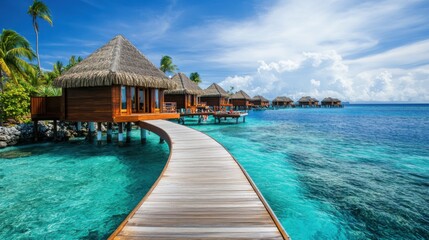 Obraz premium Tropical Overwater Bungalows in Crystal Clear Waters