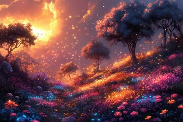 Fototapeta premium colorful fantasy landscape with whimsical plants and creatures blending bright hues and surreal shapes creating an enchanting atmosphere filled with wonder