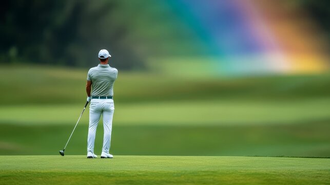 Backswing with a rainbow backdrop, combining precision with nature s beauty
