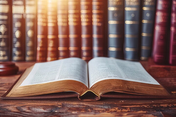 Close-up of an open law book on a wooden desk in a courtroom, with a row of books in the background.