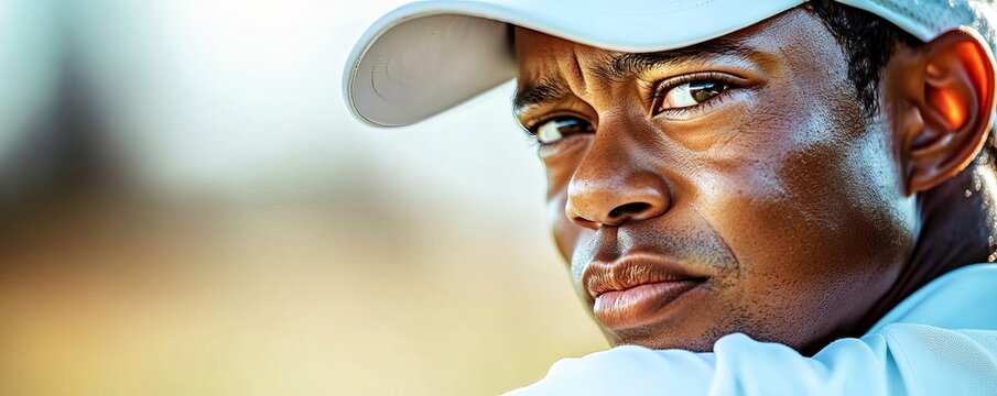 Close-up of a golfer s focused eyes, intense concentration before the swing, capturing the essence of precision