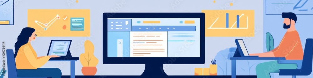 Poster remote collaboration: two professionals, a man and a woman, work together on a project, each with th