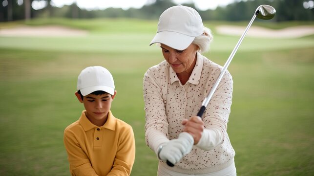 Elderly female golfer showing a younger player how to perfect a swing, capturing mentorship and precision